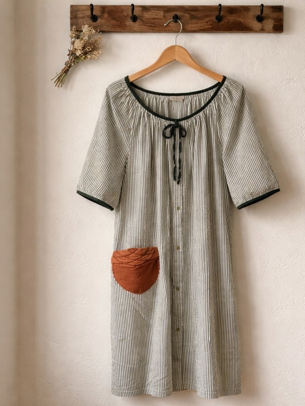 Classic Striped Midi Dress with Dark Navy Trim and Rust Pocket